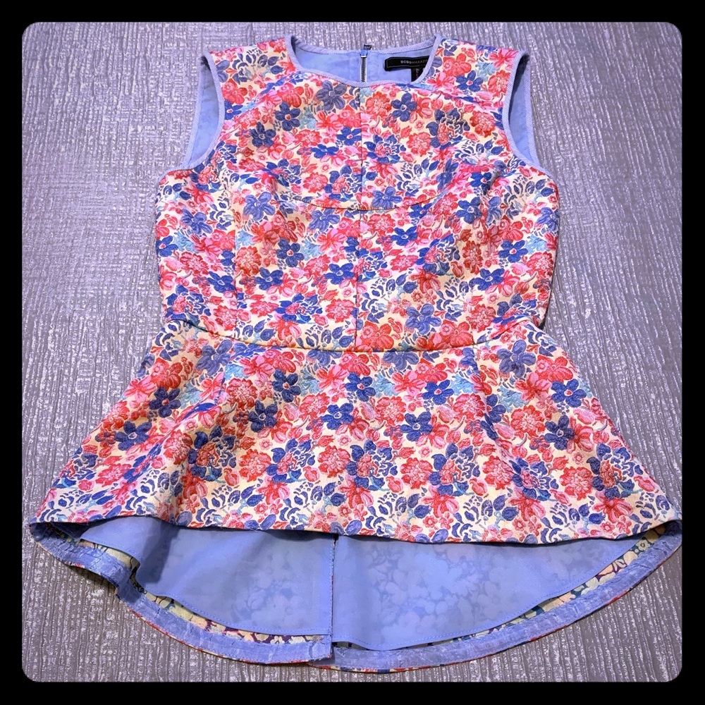 BCBG Maxazria floral denim trimmed peplum top!